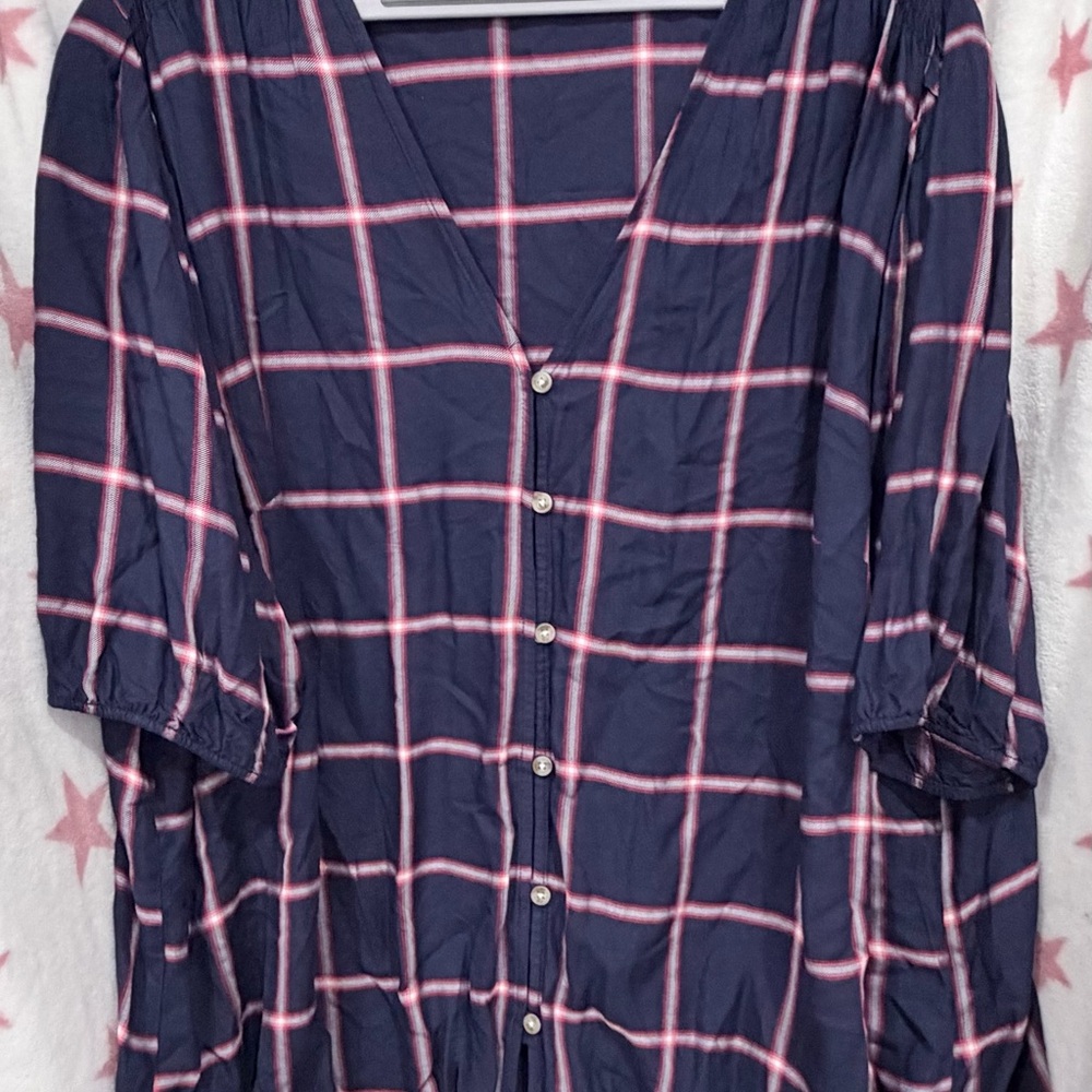 COMO VINTAGE 3X. Navy Plaid Button-Front Tunic with Pink Windowpane